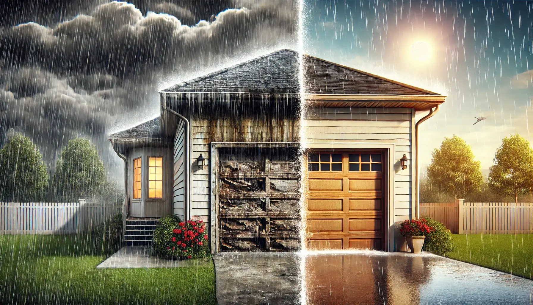 garage door visibly affected by different weather conditions garage door visibly affected by different weather conditions